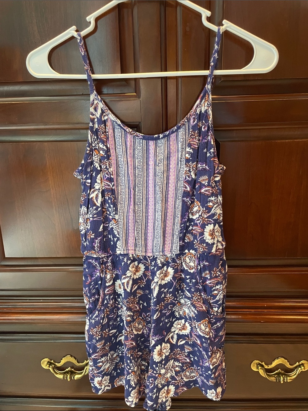 Lily Rose Navy Floral Romper with Pink Stripe Panel